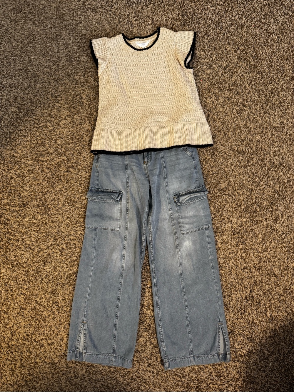 Time and Tru Cream Knit Top with Black Neck Trim